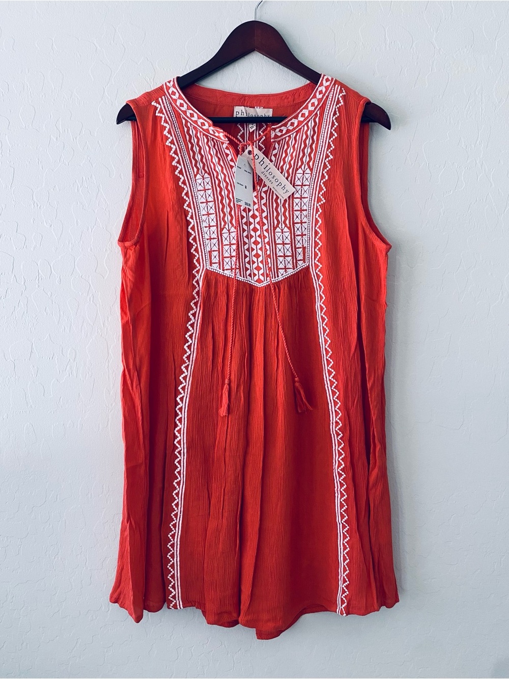 NWT Philosophy Sleeveless Embroidered Boho Dress with Slip Size M